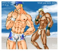 2009 2boys bara beach black_eye_patch black_eyepatch blonde blonde_hair blonde_pubic_hair blue_cap blue_sky boxer_briefs boxers boxers_(clothing) boxers_only briefs briefs_only bulge bulge_through_clothing cap chin_beard clark_still cloud clouds english_text eye_patch eyepatch gay glasses green_eyes handband human icyhugs ikari_warriors king_of_fighters light-skinned light-skinned_male light_skin low_res lowres male male_focus male_only muscle muscles muscular muscular_male no_shirt pubic_hair ramon_(kof) sakuseii sand shirtless signature sky snk tagme tan tan-skinned_male tan_body tan_skin text white_briefs yaoi