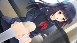 black_hair blush breast_grab breasts female game_cg highres large_breasts legs long_hair masturbation ojou-sama_wa_katai_no_ga_osuki!_shinsei_naru_joshiryou_nikki open_mouth orange_eyes panties pazma satofuji_masato school_uniform sitting skirt solo thighs underwear x-ray