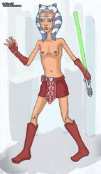 1girls ahsoka_tano blue_eyes breasts clone_wars female_focus female_only green_lightsaber half-dressed hdav jedi jedi_padawan lightsaber nipples pose simple_background skinny small_breasts solo star_wars text the_clone_wars:_season_one togruta watermark white_background