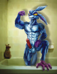 anthro bleakcat blue_fur flexing front_view indoors male male_only nude penis radarr scooby-doo_(character) solo step_pose storm_hawks tagme