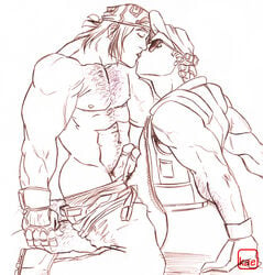 2boys bara clark_still clothed_sex clothes frottage hat king_of_fighters kissing male_focus male_only monochrome penises_touching ralf_jones snk tagme