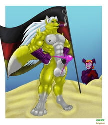 anthro clothes color digimon female fur furry gloves heart impmon male male_focus muscles outdoors renamon standing tagme topless xylem