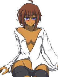 brown_hair brown_skin clothing female female_only front_view human muv-luv muv-luv_alternative muv-luv_alternative_-_total_eclipse open_clothing pointy_chin sitting solo tagme tarisa_manandal