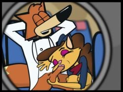 anthro bottomless breasts brown_fur closed_eyes clothing fellatio female fox humongous_entertainment jeronimus male open_mouth penis spy_fox spy_fox_(series) straight tagme toony