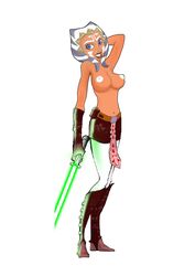 1girls ahsoka_tano big_breasts blue_eyes breasts cleavage clone_wars female_focus female_only green_lightsaber half-dressed jedi jedi_padawan lightsaber looking_at_viewer nipples pose prophet simple_background smile solo star_wars the_clone_wars:_season_one togruta white_background