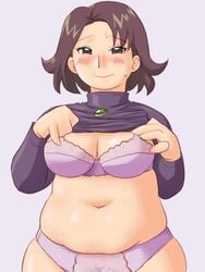 1girls bra breasts brown_hair chubby female human large_breasts light-skinned_female light_skin miho_segawa milf mother ojamajo_doremi panties plump purple_bonus short_hair solo tagme