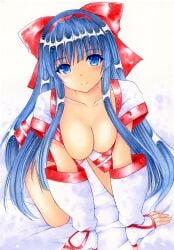 1girls ainu_clothes all_fours big_breasts blue_eyes blue_hair breasts busty female female_only fingerless_gloves gloves hair_ribbon hanging_breasts large_breasts legs long_hair nakoruru pose posing ribbon samurai_shodown sensual smile snk solo thighs traditional_media voluptuous