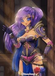 1girls adventurequest_worlds alina_poisonbane aqw aqworlds armor artix_entertainment blue_eyes blue_skirt cape cleavage clothed clothed_female clothing digital_drawing_(artwork) digital_media_(artwork) dragonfable female hiccupbunny long_hair one_glove ponytail potion potion_bottle potions purple_armor purple_hair shoulder_pads solo solo_female thighhigh_boots thighhighs vambraces