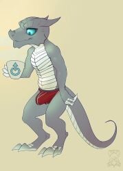 anthro artist_name blue_eyes bulge clothing coffee_mug digital_media_(artwork) dragon flaccid front_view genitals grey_body hi_res kardukk kobold korichi male male/male multicolored_body penis pose reptile scalie shaded signature standing teasing two_tone_body underwear white_body