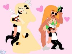 1boy 2girls ^_^ artist_request bikini breasts_on_head cheese cheese_toppin female full_body hug mustache peppino_spaghetti pineapple_toppin pizza_tower simple_background size_difference smile standing sunglasses sweatdrop tanline toppin_gals toppin_gals_minus8