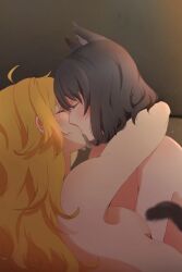 2girls ahoge bisexual_(female) black_hair blake_belladonna blonde_hair bob_cut canon_bisexual canon_couple cat_ears catgirl closed_eyes color completely_nude completely_nude_female eyebrows_visible_through_hair faunus imminent_sex kemonomimi kissing long_hair making_out multiple_girls passionate passionate_kiss risai rooster_teeth rwby short_hair simple_background tagme tender wholesome yang_xiao_long yuri