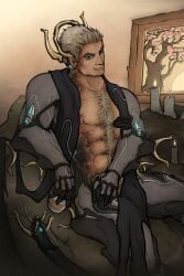 candles chest_hair dandagazz excalibur_umbra_(warframe) male_only nipple_piercing romantic scarf scars tea_cup warframe