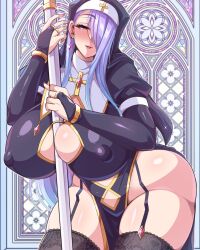 1girls blush clothed clothing female female_only hair_over_one_eye huge_breasts light-skinned_female light_skin nipple_bulge nishida_megane nose_blush nun object_between_breasts original pink_eye purple_hair purple_nails scepter skimpy_clothes slutty_nun slutty_outfit solo voluptuous