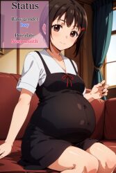 1girls ai_generated black_hair brown_eyes canon_pregnancy english_text female female_only human kaguya-sama_wa_kokurasetai_~tensai-tachi_no_renai_zunousen~ kashiwagi_nagisa pregnant pregnant_female school_uniform short_hair solo text yucchiaiart