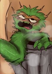 2023 ahe_gao black_eyes blush blushing brown_background furry gay green_fur jembbrowm old_man open_mouth oscar_the_grouch sesame_street sex shortstack sweat sweaty sweaty_body thick_thighs trash_can yelling