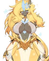 2020s 2023 anthro anthro_only big_breasts blonde_hair blue_eyes blush cleavage female female_only flower_in_hair furry game_freak hourglass_figure legendary_pokemon long_hair pokémon pokemon pokemon_(species) thunder_thighs usa37107692 yellow_hair zeraora