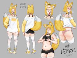 animal_ears anthro blonde_female blonde_hair blonde_hair breasts character_sheet choker ear_piercing female lemon_(paeder69) oc original original_character paeder69 pierced_ears piercing piercings sharp_teeth shirt shirt_lift small_breasts smile smiling solo solo_female tail yellow_hair