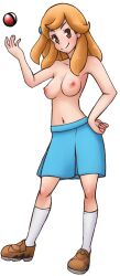 breasts female female_only half-dressed half_naked human human_only lass_(pokemon) lass_(pokemon_frlg) looking_at_viewer naked naked_female nintendo nipples no_bra npc_trainer nude nude_female orange_hair pokecchi-dex pokemon pokemon_frlg red_hair shoes skirt socks