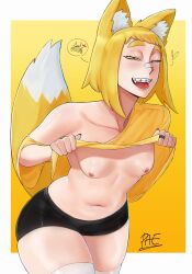 animal_ears anthro big_thighs blonde_female blonde_hair blonde_hair booty_shorts braces breasts female flat_chest heart lemon_(paeder69) oc original original_character paeder69 sharp_teeth shirt shirt_lift short_hair small_breasts smile smiling solo solo_female tail thighs yellow_clothing yellow_hair