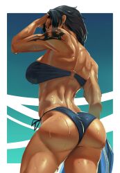 1girls ass back bare_shoulders bikini black_hair blue_bikini blue_eyes breasts cowboy_shot dark-skinned_female dark_skin earrings final_fantasy final_fantasy_xiii from_behind hi_res large_breasts long_hair looking_at_viewer looking_back mon_eree muscular muscular_female o-ring oerba_yun_fang_(ff_xiii) shiny_skin solo tattoo thick_thighs wet wet_clothes