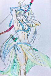 1girls archery arm_behind_head armpits big_breasts bikini blue_eyes breasts busty eyepatch female female_only grey_hair hair_ribbon large_breasts legs long_hair looking_at_viewer majikina_mina navel ponytail ribbon samurai_shodown sarong snk swimsuit thighs thong_bikini traditional_media