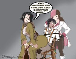 1boy 2girls 2girls1boy big_breasts black_hair brown_eyes brown_hair cinder_fall dark-skinned_male female femdom green_eyes grinding_through_clothes head_between_breasts heterochromia interrogation lap_dance light-skinned_female light_skin looking_back male neo_(rwby) omnipotrent oscar_pine pink_eyes pink_hair reverse_rape rwby scar sitting_on_lap smile tagme text tied_to_chair tied_up yellow_eyes