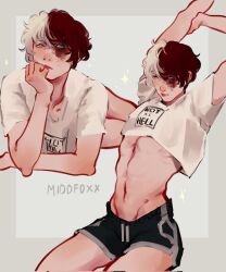 1boy abs adonis_belt booty_shorts croptop femboy feminine feminine_male male male_focus male_only middfoxx midriff midriff_baring_shirt my_hero_academia red_hair shouto_todoroki twink white_hair