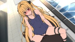 1boy bare_shoulders blonde_hair blush breasts censored collarbone covered_navel covered_nipples female flat_chest girl_on_top konjiki_no_yami long_hair medium_breasts one-piece_swimsuit red_eyes school_swimsuit sex sitting skindentation solo_focus straight swimsuit thigh_strap tile_floor tiles to_love-ru torn_clothes torn_swimsuit touchuu_kasou water