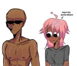 1boy 1girls abs ahoge ashleylust_(artist) bald_male big_breasts black_t-shirt blush dark-skinned_male dark_skin eyes_wide_open hard_nipples male_boobs male_breasts male_tits meme neuron_activation_(meme) oc original_characters pink_hair shocked_expression shocked_eyes shocked_face sunglasses tagme