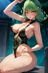 1girls ai_generated alternate_breast_size arm_up armpits bangs bare_arms bare_shoulders black_one-piece_swimsuit blush breasts cleavage collarbone covered_nipples curly_hair female female_only green_eyes green_hair green_nails hand_on_hip highleg highleg_swimsuit large_breasts looking_at_viewer mole mole_on_breast nail_polish night one-piece_swimsuit one-punch_man open_mouth outdoors ree0 short_hair sitting solo sweat swimsuit tatsumaki thick_thighs thighs wet zipper zipper_pull_tab