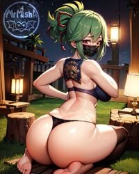 1girls 5_toes ai_generated ass ass_focus back barefoot big_ass big_breasts big_thighs blush breasts busty fat_ass female genshin_impact gigantic_ass green_hair huge_ass huge_thighs kneeling kuki_shinobu large_ass looking_back looking_back_at_viewer mask masked masked_female massive_ass mrm1sha purple_eyes thick_thighs thighs voluptuous