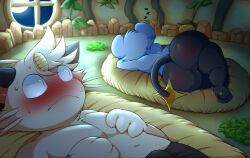 anthro ass bed big_ass blush erection feet feline furry hi_res i_put_the_new_forgis_on_the_jeep koban_(coin) looking_at_another meowth paws pokémon_(species) pokemon rockpup241 shinx sleeping tail thick_thighs vamonos_de_fiesta_a_factory watching whiskers