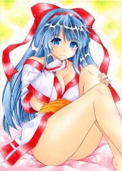 1girls ainu_clothes big_breasts blue_eyes blue_hair breasts busty feet female female_only fingerless_gloves gloves hair_ribbon large_breasts legs long_hair nakoruru panties pose posing ribbon samurai_shodown sitting smile snk solo thighs traditional_media underwear voluptuous white_panties