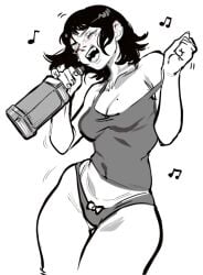 black_hair bow_panties drunk female half_naked mole mole_on_breast panties porqueloin sharp_teeth singing thick_thighs whiskey whiskey_bottle