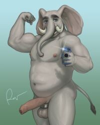 2021 abs anthro balls belly biceps blue_eyes cellphone elephant elephantid erection flexing flexing_bicep foreskin genitals grin hi_res holding_cellphone holding_object holding_phone holding_smartphone looking_at_viewer male male_only mammal manly mature_male musclegut muscular navel nipples nude pecs penis phone proboscidean proboscis_(anatomy) rov simple_background slightly_chubby smartphone smile solo taking_selfie testicle_cuff triceps trunk_(anatomy) tusks vein veiny_penis