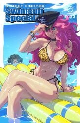 1boy 1girls abs adjusting_clothes adjusting_headwear animal_print beach bikini black_hair blue_eyes bracelet brass_knuckles breasts capcom cleavage female final_fight hat hugo_andore inflatable_raft jewelry kajinman leopard_print looking_at_viewer messy_hair muscular muscular_female navel navel_piercing ocean peaked_cap piercing pink_hair poison_(final_fight) second-party_source side-tie_bikini_bottom sitting smile stomach street_fighter swimsuit udon_entertainment water weapon wet