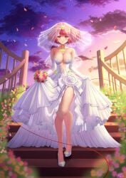 1girls bouquet breasts bride bride_veil core_crystal dress earrings elbow_gloves flowers gloves high_heels holding_bouquet ken-san large_breasts looking_at_viewer necklace nintendo outside pyra red_eyes red_hair short_hair tiara veil wedding_dress white_dress xenoblade_(series) xenoblade_chronicles_2