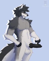 anthro ball_tuft balls eyewear fluffy genitals glasses hi_res male nude penis sirdoomwolf solo tuft void_doomwolf