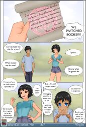 black_hair blue_eyes body_swap brown_eyes embarrassed empty_eyes fully_clothed grabbing_own_breast magic page_2 page_number perky_breasts rule_63 shorts small_breasts text text_bubble virgin virgins wavecollection