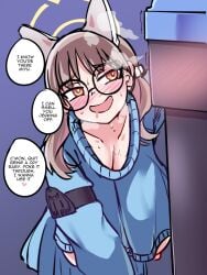 1futa 1girls animal_ears_headband blue_archive breasts brown_hair dialogue english_text female futanari glasses huge_breasts ihcaris light-skinned_female light_skin long_hair miyu_(blue_archive) moe_(blue_archive) naughty_face rabbit_squad_(blue_archive) recycle_bin srt_special_academy_student text trash_can