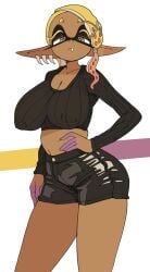 1girls asymmetrical_hair booty_shorts breasts brown_skin crop_top cute_fang dark-skinned_female dark_skin facial_markings female frye_(splatoon) hand_on_hip hips huge_breasts inkling latex looking_at_viewer medium_hair midriff nintendo short_shorts shorts slim_waist splatoon splatoon_(series) splatoon_3 thick_thighs thighs wide_hips yellow_eyes yellow_hair yuta_agc