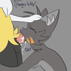 anthro bodily_fluids braixen cum cum_in_mouth cum_inside cybeeyoru dialogue duo felid fellatio gagging generation_6_pokemon genital_fluids hand_on_head hi_res knot male male/male mammal nintendo oral penile pokemon pokemon_(species) sex swallowing tears