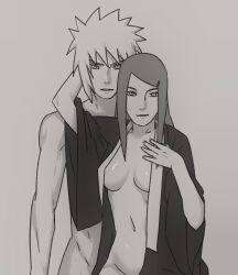 1boy 1girls barely_clothed breasts canon_couple couple facing_viewer female greyscale husband_and_wife kimono long_hair looking_at_viewer male mammal married_couple monochrome namikaze_minato nanxdaime naruto naruto_(series) naruto_shippuden no_bra robe smile straight upper_body uzumaki_kushina