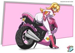 1girls ass bikesuit blonde_hair blue_eyes bodysuit breasts crown diaper diaper_under_clothing earrings gloves knee_boots large_breasts looking_at_viewer looking_back mario_(series) mario_kart motorcycle motorcycle_suit nintendo pink_scarf ponytail princess_peach scarf trap-diaper white_bodysuit