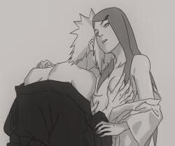 1boy 1girls barely_clothed breast_grab breasts canon_couple couple female greyscale groping husband_and_wife kimono long_hair male mammal married_couple moaning monochrome namikaze_minato nanxdaime naruto naruto_(series) naruto_shippuden no_bra robe straight upper_body uzumaki_kushina