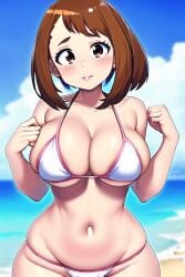 1girls ai_generated bikini blush breasts brown_eyes brown_hair female hypercummies my_hero_academia nai_diffusion ochako_uraraka puffy_lips shounen_jump stable_diffusion wide_hips