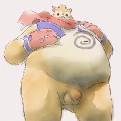 :3 anthro apluss balls belly bottomless brown_body brown_fur clothed clothing dubu_(omega_strikers) flaccid foreskin fur genitals gloves handwear hi_res low-angle_view male male_only navel omega_strikers overweight penis scarf solo solo_male