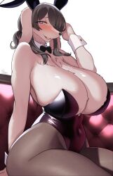 absurd_res anthro big_breasts blush breasts bunny_costume canid canine canis cleavage clothed clothing costume domestic_dog female hair hair_over_eye hi_res huge_breasts kemono mammal one_eye_obstructed shirokoma solo