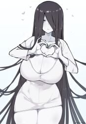 1girls black_hair breasts cleavage heart heart_hands hi_res kurage_shokushu large_breasts long_hair nightmare_waifu one_eye_covered solo the_ring thighs umitsuki_(kurage_no_shokushu) yamamura_sadako