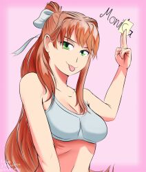 artlab blep bra breasts cleavage doki_doki_literature_club gray_bra green_eyes grey_bra long_hair monika_(doki_doki_literature_club) piece_of_paper_with_a_c_on_it thedarkartlab_(artist) tongue tongue_out